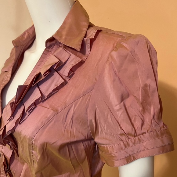 Express Metallic Rose Gold Ruffled V Neck Collar Button Down Blouse - Picture 4 of 7